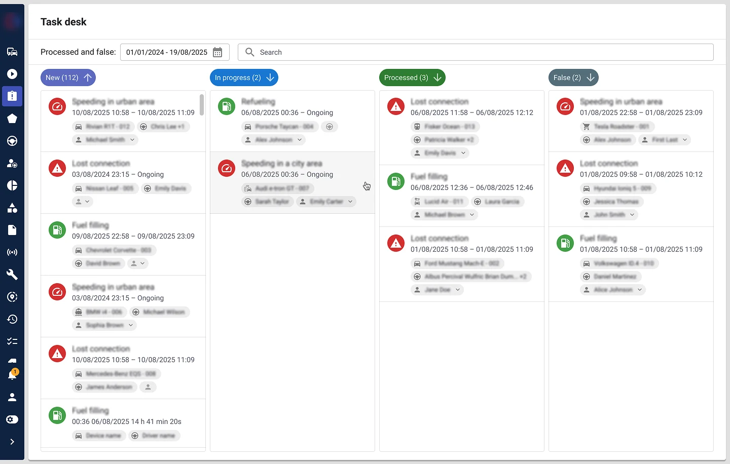 The same board redesigned as a task desk: four columns with counts and sorting, a date-range filter and search, and cards carrying a category icon, a time range and separate chips for vehicle, driver and assignee