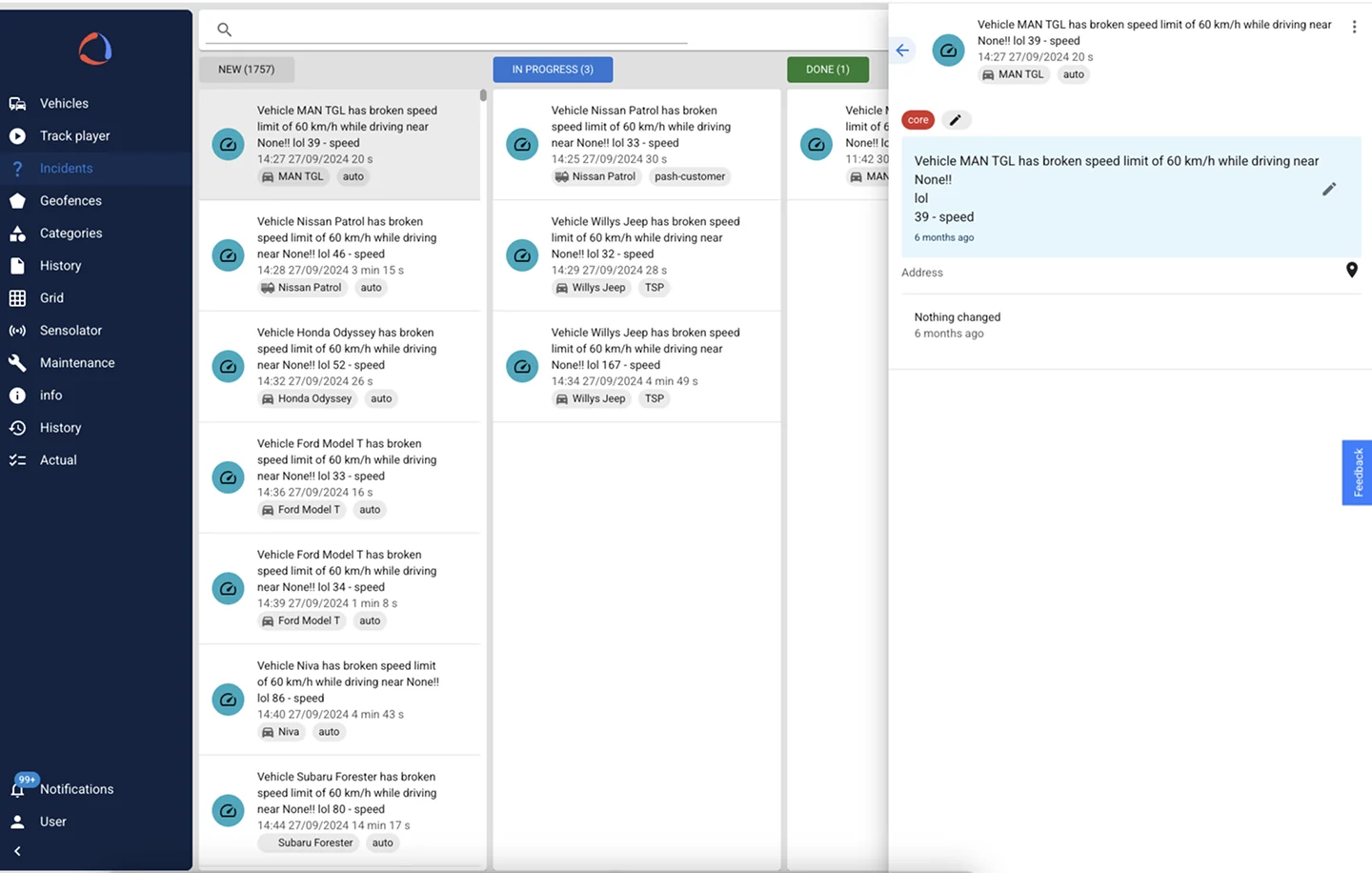 The incidents board before the redesign: three columns, each card a single run-on sentence describing the event, with no category icon and the navigation expanded as a full-width text sidebar
