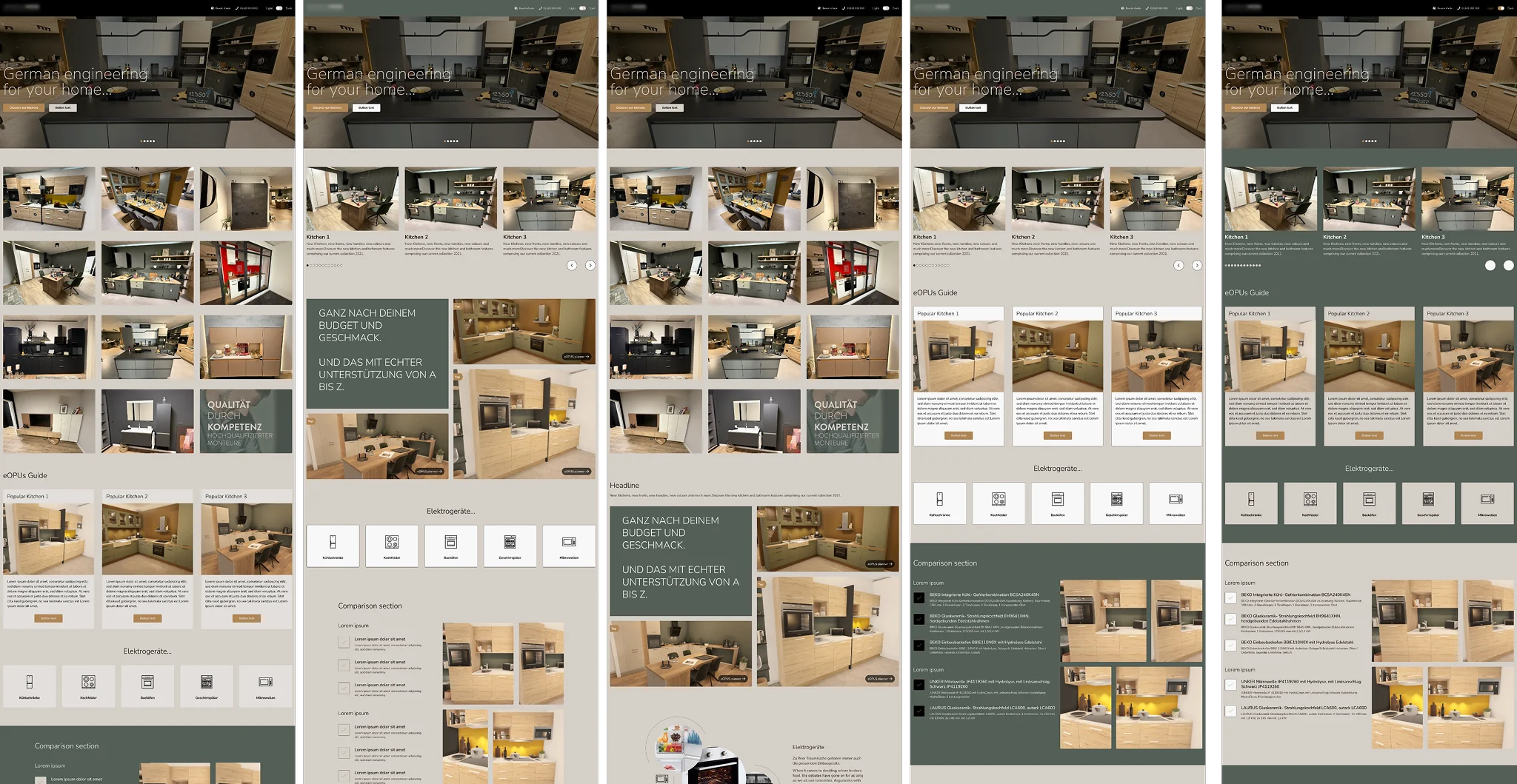 Five landing-page variants built from the same components, differing in composition, type and colour