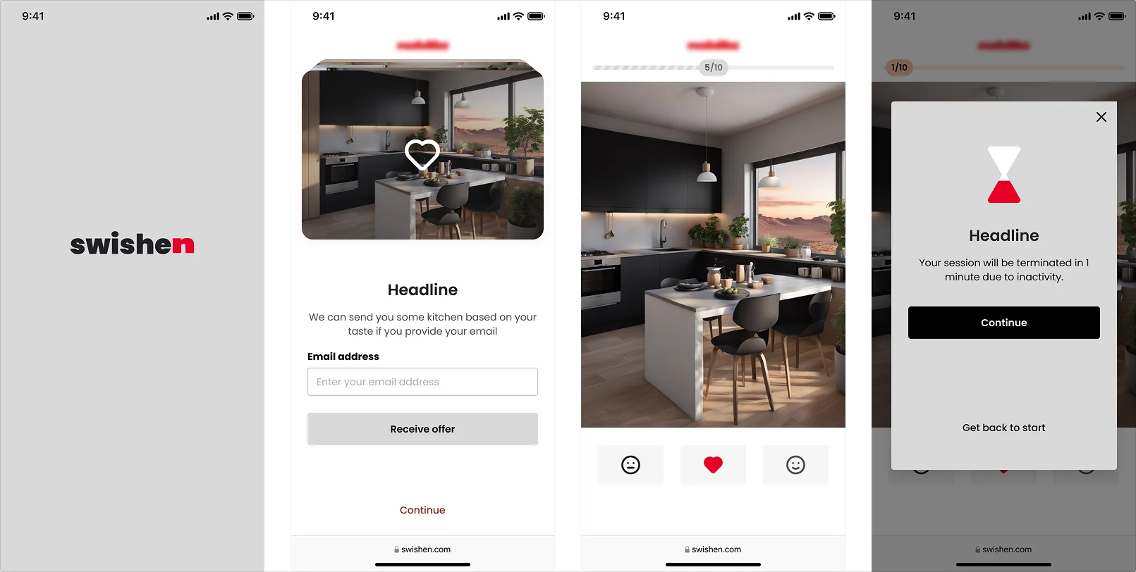 The kitchen-matching app in the red-on-white theme — splash screen, email-offer step, a generated kitchen being rated with a progress counter, and an inactivity dialog