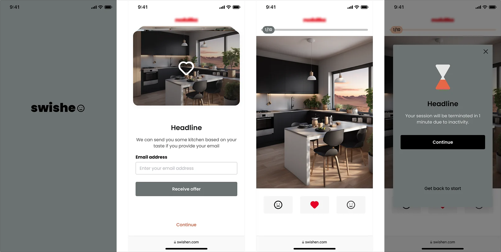 The same four screens in a slate-grey theme with an orange accent