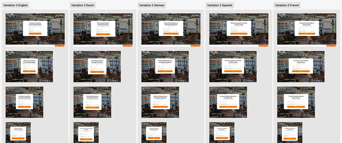 The same entry screen built out in English, Dutch, German, Spanish and French, each shown at several viewport widths, with the search panel holding its structure as the copy length changes per language