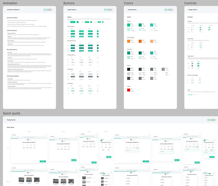 One brand's design system: animation guidelines, button variants, colour palette and controls, followed by its quick-quote flow rendered in that brand's identity