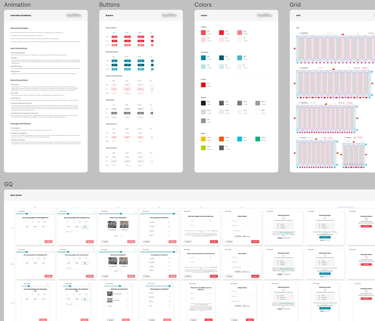 A second brand's design system: the same set of animation guidelines, buttons, colours and grid, followed by the same quick-quote flow in a different identity