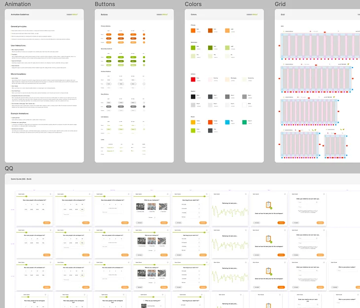 A third brand's design system: again the same structure of animation guidelines, buttons, colours and grid, with the same quick-quote flow in its own identity