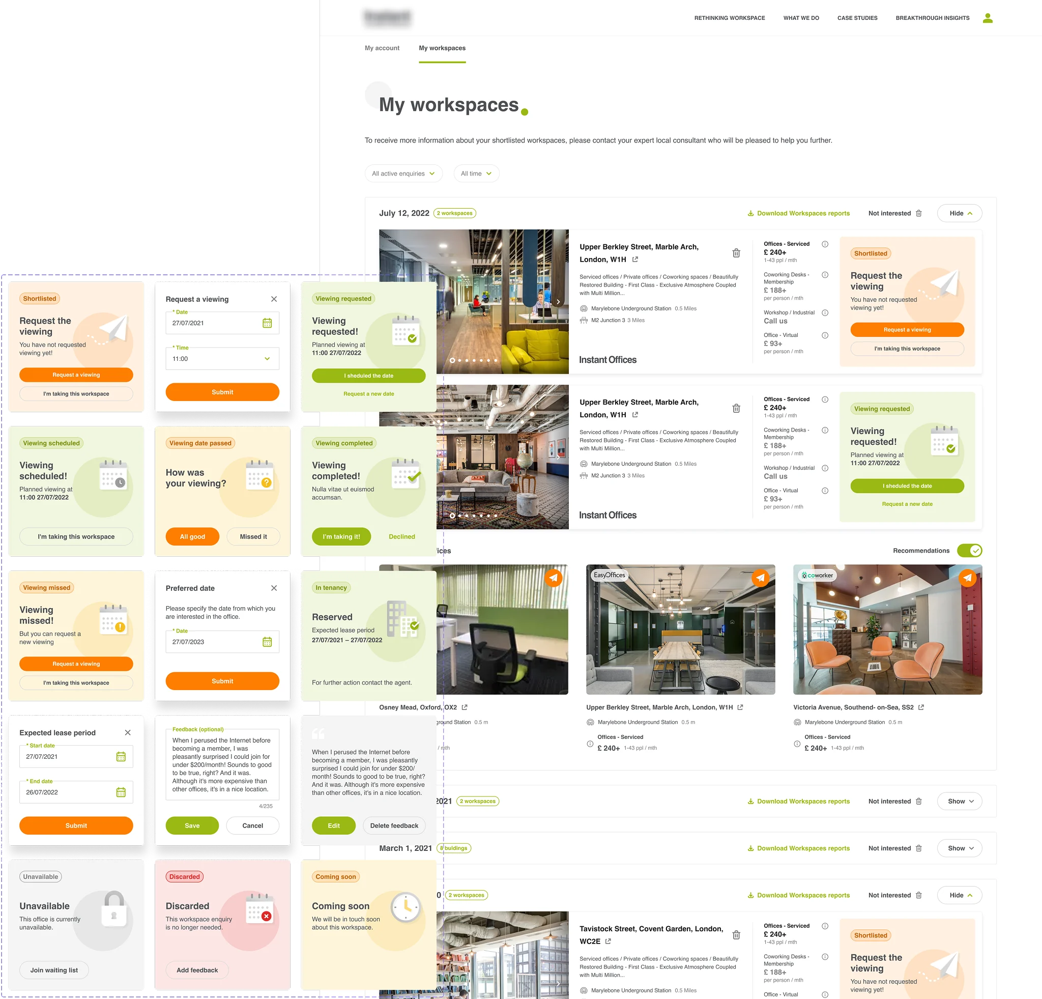 The account area where saved workspaces live, shown alongside every state its enquiry card can take: shortlisted, request a viewing, viewing requested, scheduled, date passed, completed, missed, preferred date, reserved and in tenancy, plus unavailable, discarded, coming soon and the optional feedback step