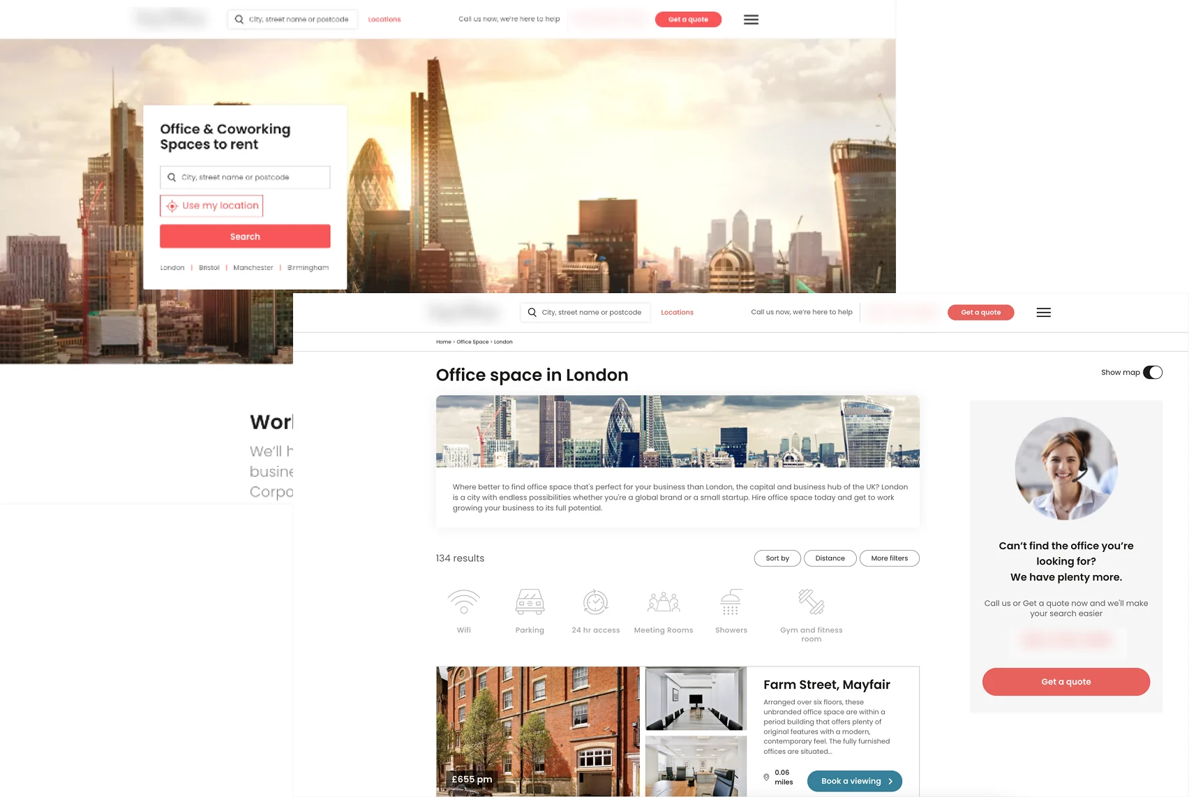 The search-to-listing journey before the redesign: a hero with a search panel, then a results page with amenity icons, a text block and a contact-us sidebar